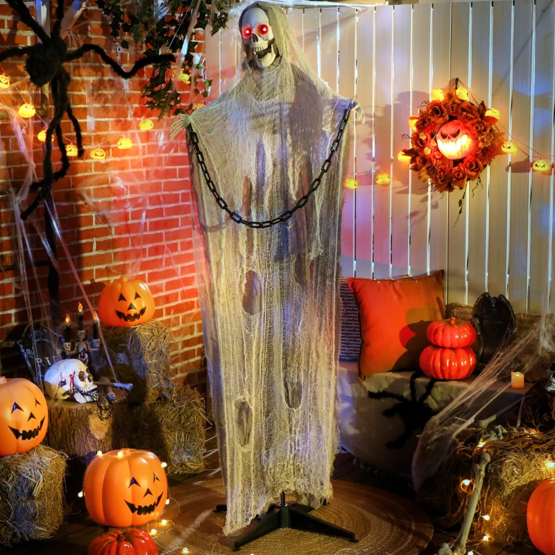 Outsunny 183 cm Life Size Halloween Animated Skeleton Grim Reaper with Glowing LED Eyes, Scary Halloween Decorations, Battery Operated, Indoor Party Props