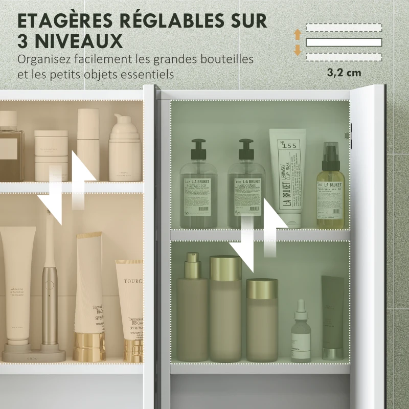 HOMCOM Armoire murale salle de bain avec miroir, armoire de toilette 3 portes miroir, étagères réglables, 91,5x11,5x65cm, blanc