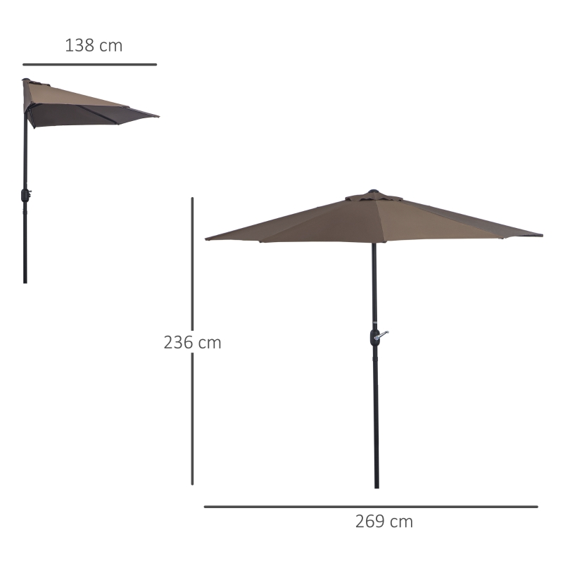 Outsunny Demi-parasol 2,7 x 1,4 m parasol de balcon ouverture fermeture manivelle, 5 entretoises métal, polyester 180 g/m², café