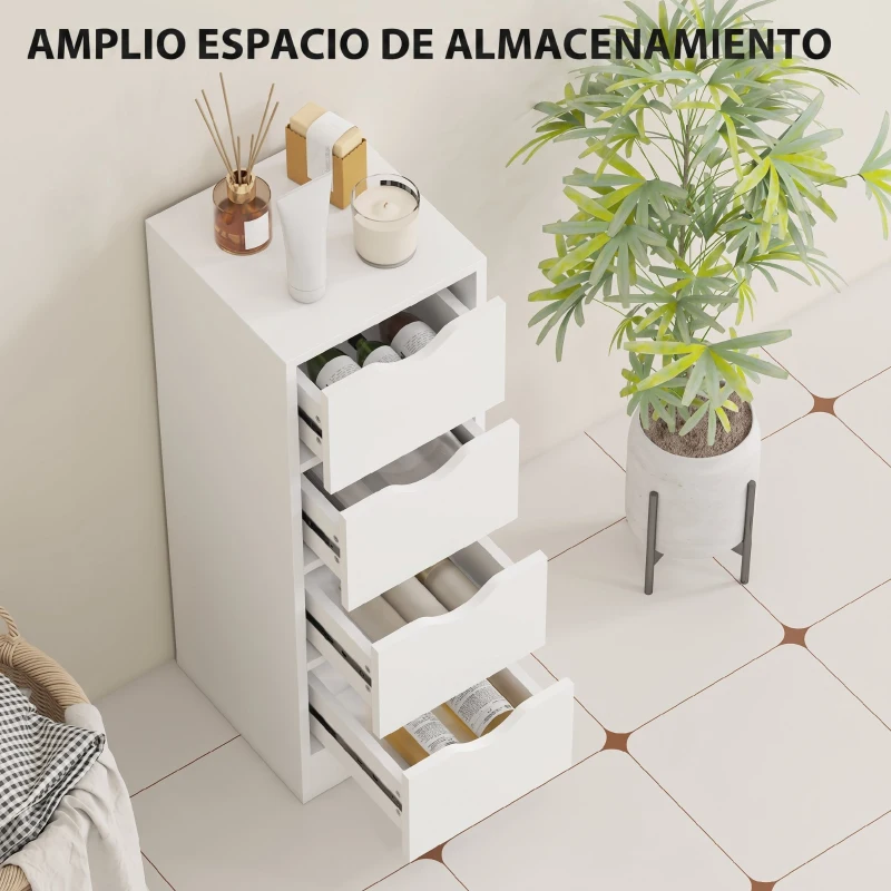 HOMCOM Armario de Baño Estrecho con 4 Cajones y Asas Ranuradas para Espacios Reducidos 29x29x83 cm Blanco