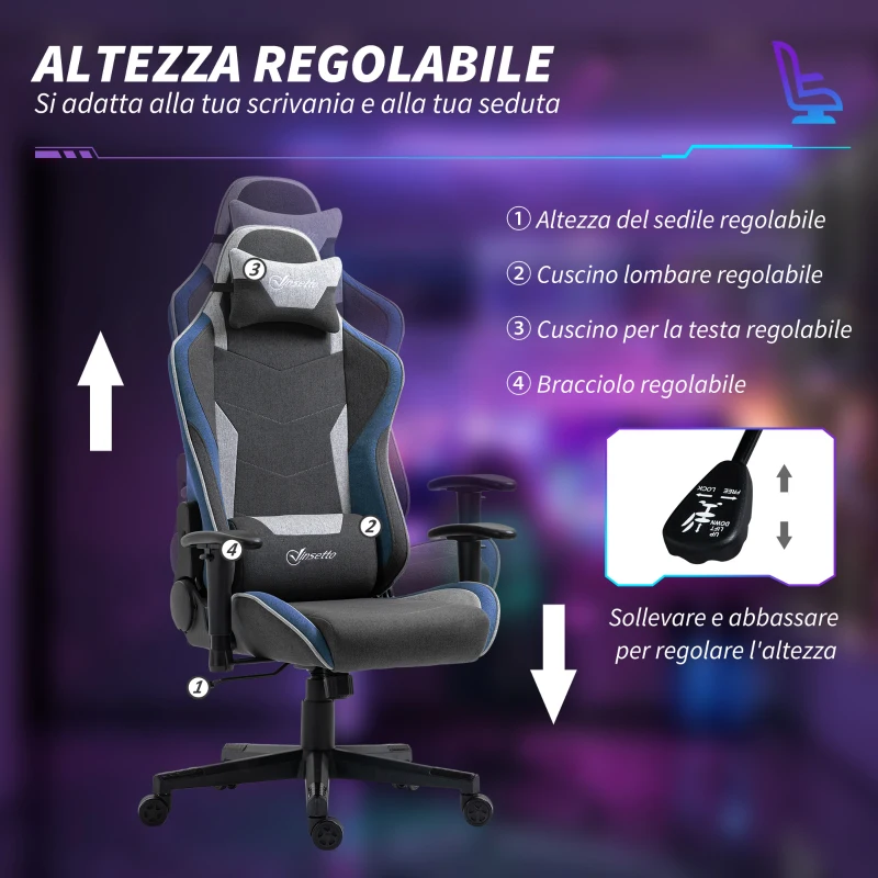 Vinsetto Sedia da Gaming Reclinabile a 150° con Funzione Dondolo, in Tessuto Effetto Lino, 66x53x128-138 cm, Grigio
