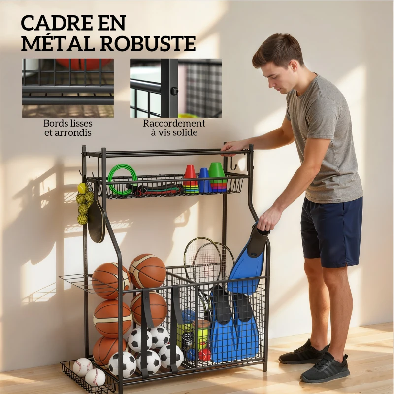 SPORTNOW Rangement d'équipements de sport, avec paniers, crochets amovibles, sangles élastiques, 92 x 42 x 109 cm, noir