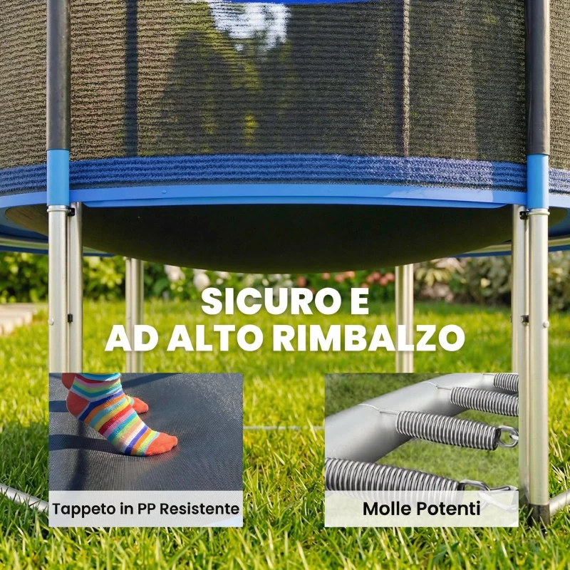 SPORTNOW Trampolino Elastico da Giardino Ø244x240 cm con Rete di Protezione e Scala, in Acciaio e PP, Blu