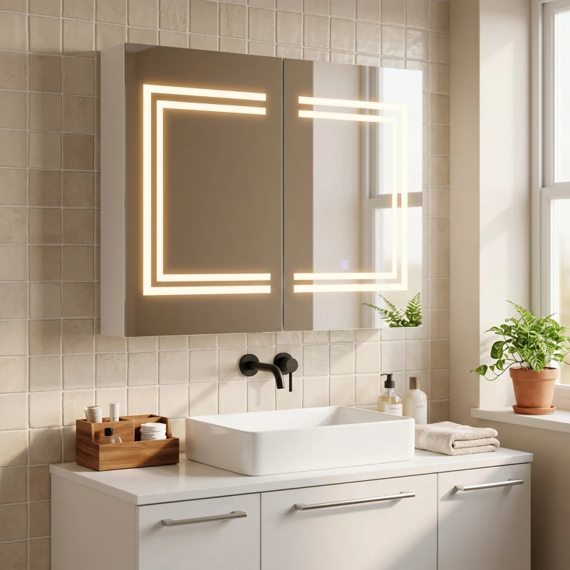 kleankin Armário Casa de Banho com Espelho e Luz LED Interruptor Tátil e Cor da Luz Ajustável 80x15x65 cm Branco Brilhante