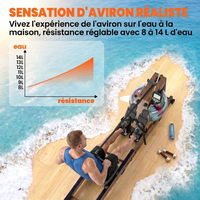 SPORTNOW Rameur à Eau Rameur Appartement Pliable Double Rail Aluminium Capacité 158kg Connexion Bluetooth 182x42x67cm Chêne