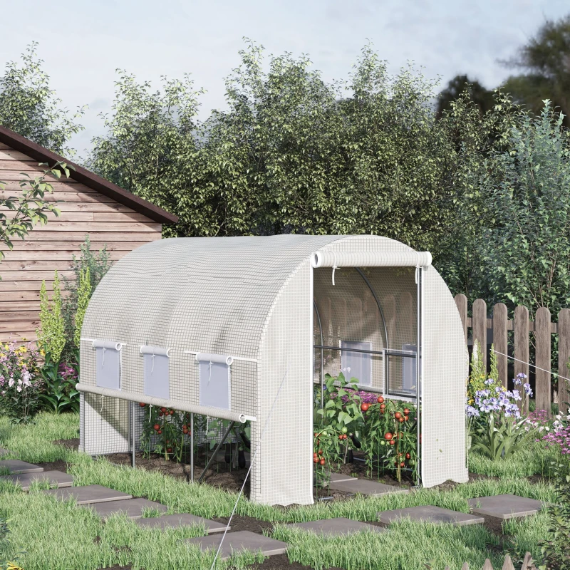 Outsunny Serre de jardin tunnel serre tunnel 6 m² avec 6 fenêtres porte enroulable toile PE structure en acier galvanisé blanc