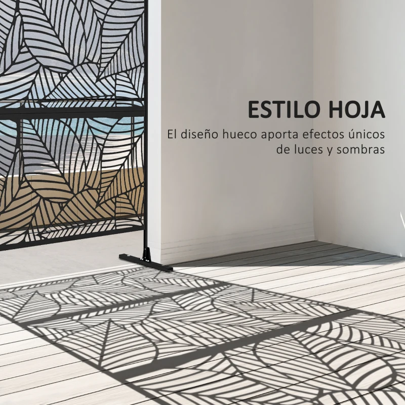 Outsunny Biombo de 3 Paneles 122x198 cm Biombo Separador de Ambientes con Soporte Diseño de Hojas Grandes Negro