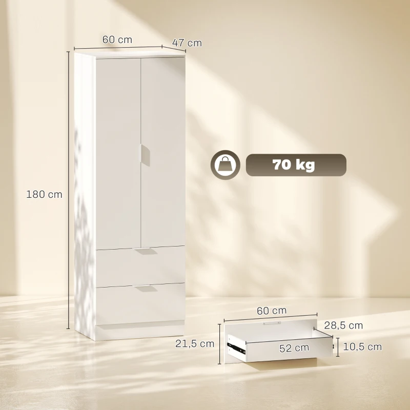 HOMCOM Armario Dormitorio con 2 Cajones, 2 Puertas con Cierre Suave y Barra de Suspensión, 60 x 47 x 180 cm, Blanco