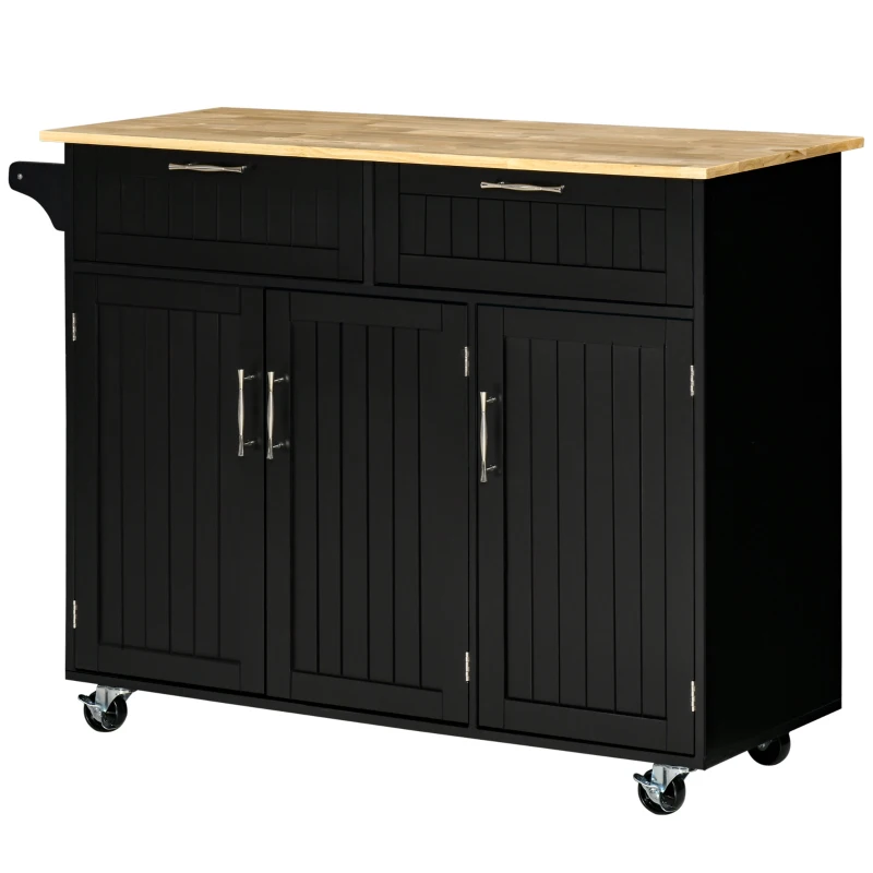 HOMCOM Carrello da Cucina in Legno con 2 Cassetti, Armadietto 3 Ante e 4 Ruote, 121x46x91cm, Nero