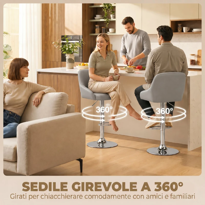HOMCOM Set 2 Sgabelli da Bar con Schienale, Girevoli e Regolabili in Altezza, Finta Pelle, Grigio Chiaro