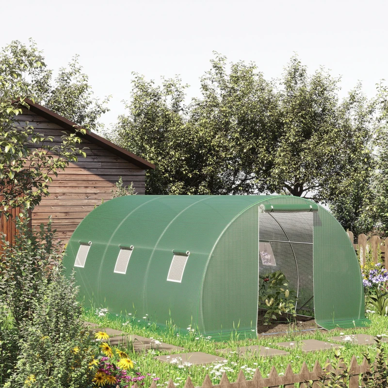 Outsunny Serre de jardin tunnel 13,5 m² 6 fenêtres porte zippée enroulable châssis acier galvanisé bâche PE 4,5 x 3 x 2 m vert