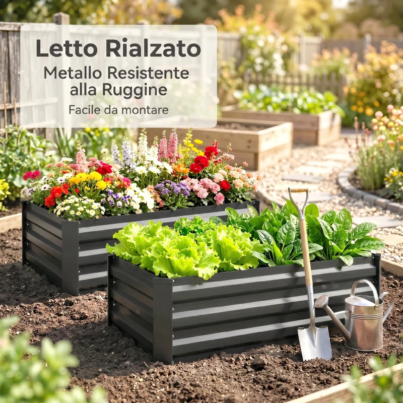 Outsunny Set di 2 Letti per Orto Rialzato con Fondo Aperto in Acciaio Galvanizzato, 100x60x30cm, Grigio