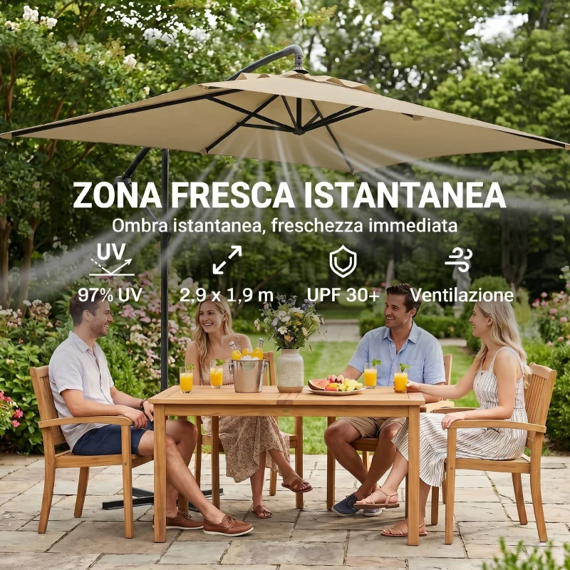 Outsunny Ombrellone da Giardino Decentrato con Base a Croce e Apertura a Manovella, 294x193cm, Beige