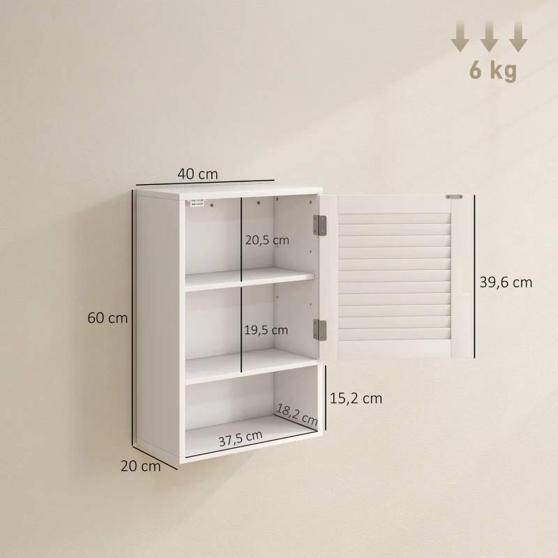 HOMCOM Badkamerkast Hangkast Wandkast met 1 deur, verstelbare planken 40 x 20 x 60 cm Wit