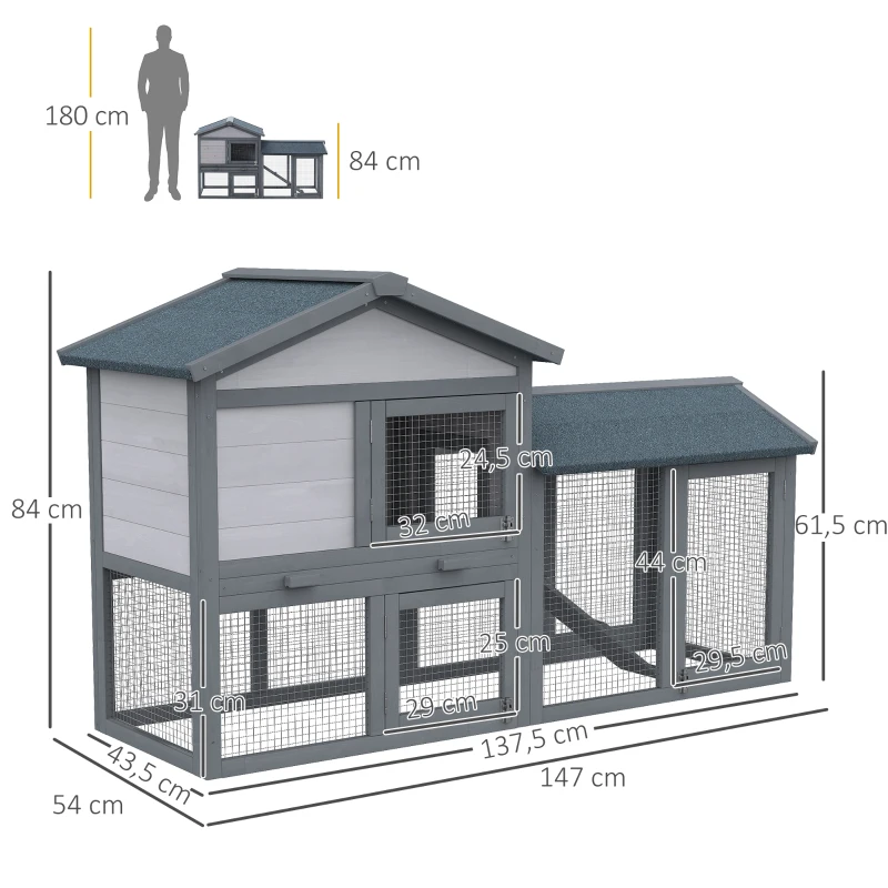 PawHut Clapier cage à lapins rongeurs 2 niveaux clapier lapin nain avec 3 portes verrouillables tiroir à déjection toit intégral bitumé 147L x 54l x 84H cm bois massif pin gris