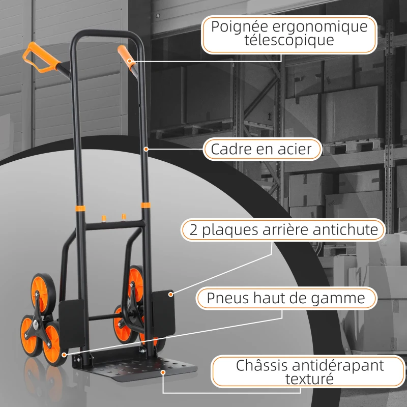 DURHAND Diable d'escalier pliable 120 kg 6 roues, diable demenagement en acier avec cordes télescopiques, 44x67x106,5cm, orange