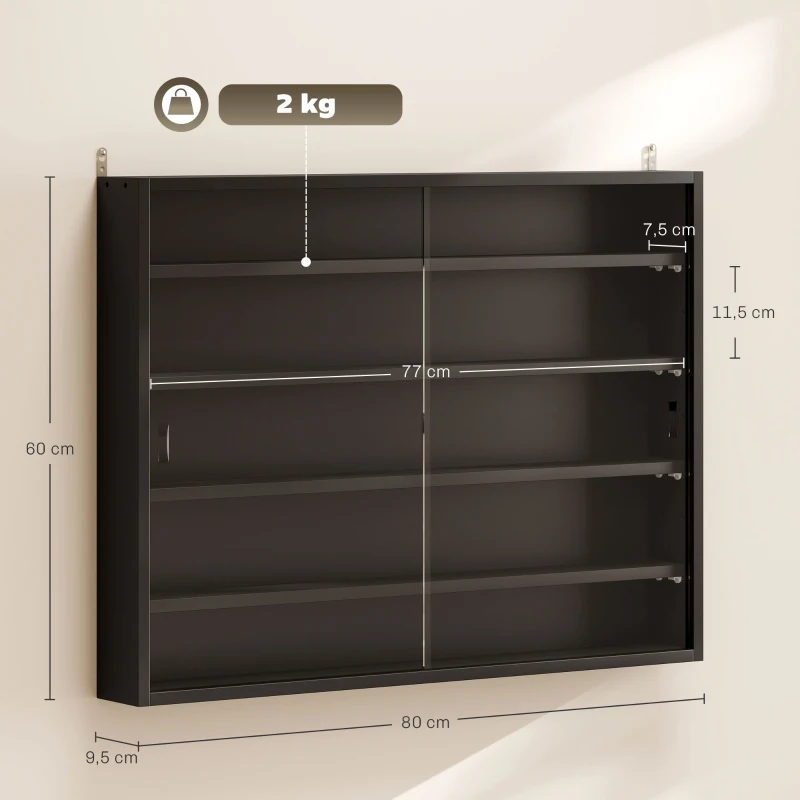 HOMCOM Vetrina per Collezione da Parete a 4 Ripiani Regolabili, in Vetro e Legno, 80x9.5x60 cm, Nero