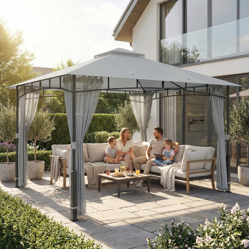 Outsunny Carpa para Jardín con Techo Doble Cenador con Paredes de Malla UPF50+ para Exterior Terraza 360x300x275 cm Gris