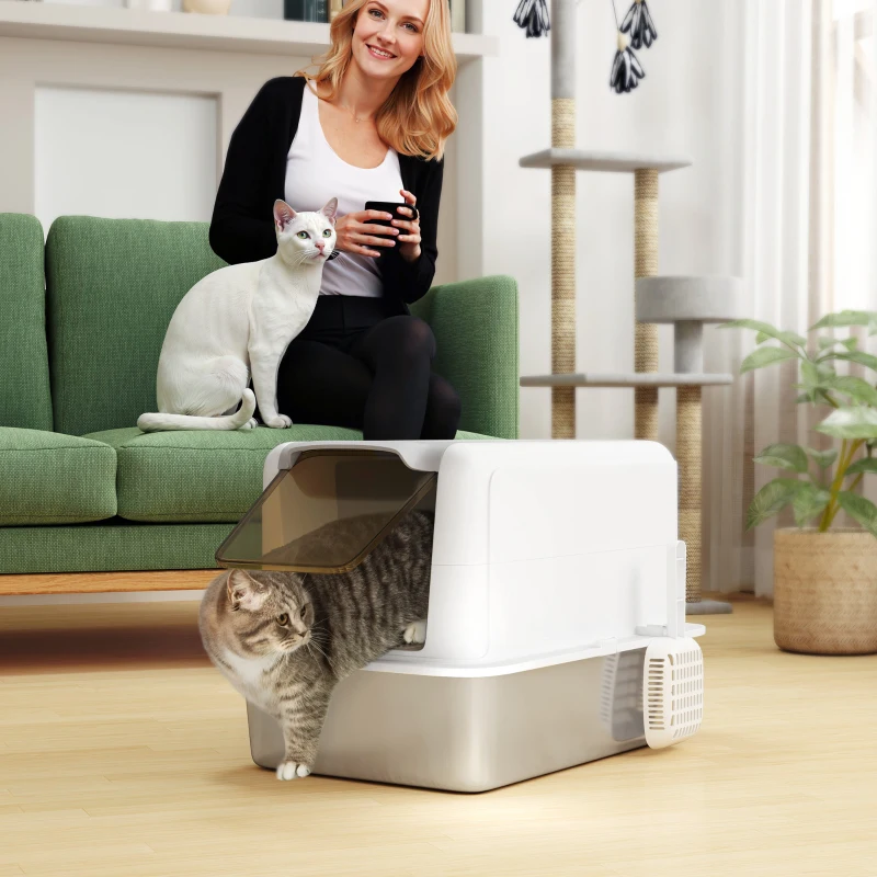 PawHut Stainless Steel Cat Litter Box with Removable Lid, Scoop, Filter Bags, for Larger Cats, White