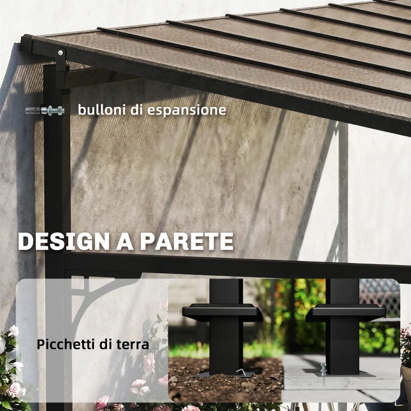 Outsunny Pergola Addossata 4x3 m con Tetto in Policarbonato, Metallo e Alluminio con Viti, Marrone