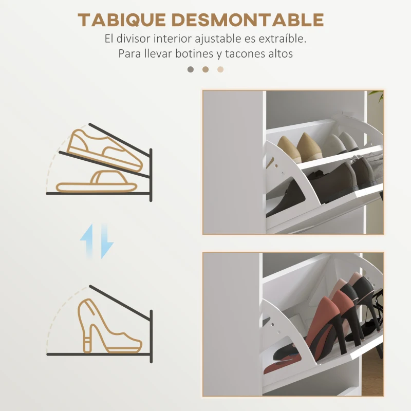 HOMCOM Zapatero Estrecho con 3 Puertas Abatibles Estantes Ajustables para 15 Pares de Zapatos Blanco