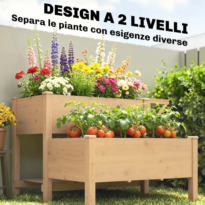 Outsunny Letto per Orto Rialzato a 2 Livelli con Ripiani in Legno, 119.5x102x76.5cm, Marrone