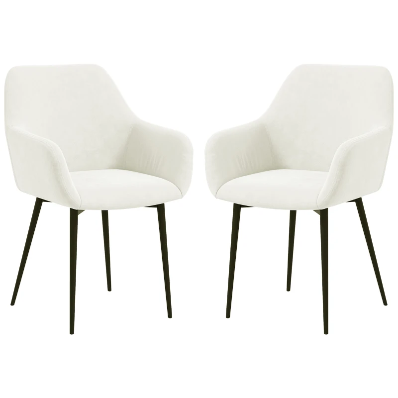 HOMCOM Set 2 Sedie da Pranzo Nordiche Imbottite con Braccioli Ricurvi in Tessuto Effetto Velluto, 54x57x80 cm, Crema
