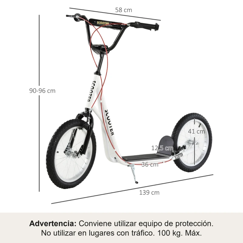 HOMCOM Patinete para Niños +5 Años, Patinete Infantil de 2 Ruedas, con Manillar Ajustable en Altura, 2 Neumáticos de Caucho Inflable, Doble Freno, Carga 100 kg, 139x58x90-96 cm, Blanco