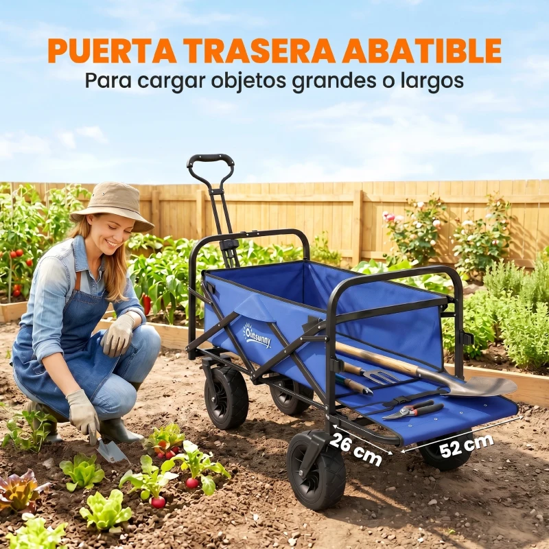 Outsunny Carro de Jardín Plegable con Longitud y Ángulo del Mango Ajustables y Bolsa de Transporte Carga 100 kg Azul Oscuro