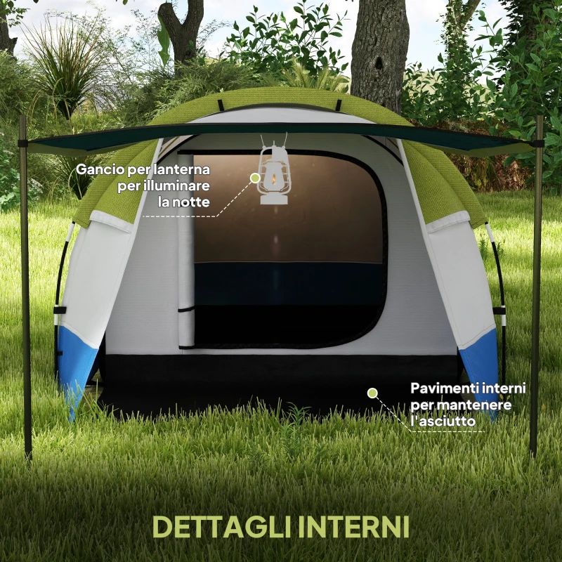 Outsunny Tenda da Campeggio Impermeabile con 2 Aree e 3 Ingressi, in Poliestere e Fibra di Vetro, 420x200x150 cm, Verde