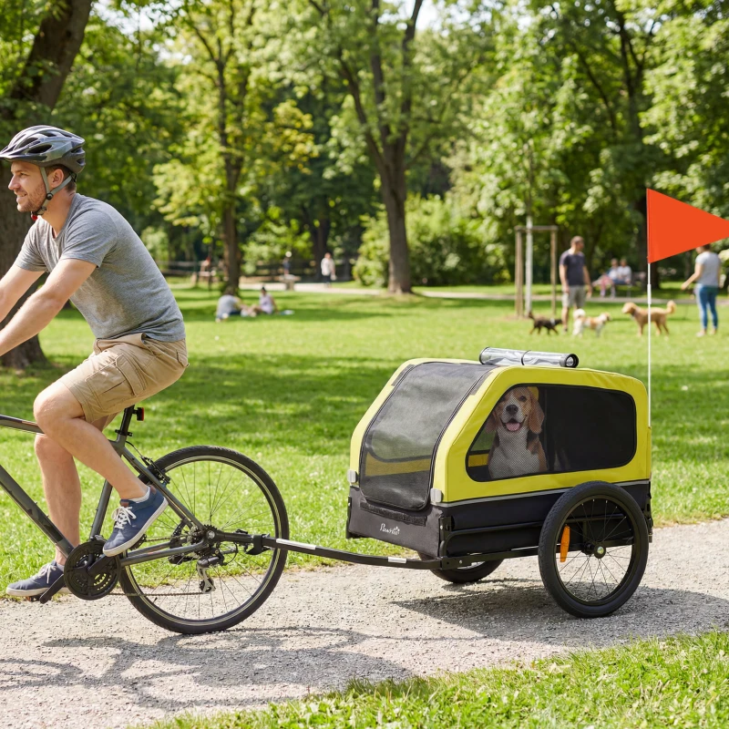 PawHut Dog Bike Trailer with Flip-Down Ramp Tailgate, Quick Release Frame, Universal Bicycle Coupler, Reflectors, Yellow