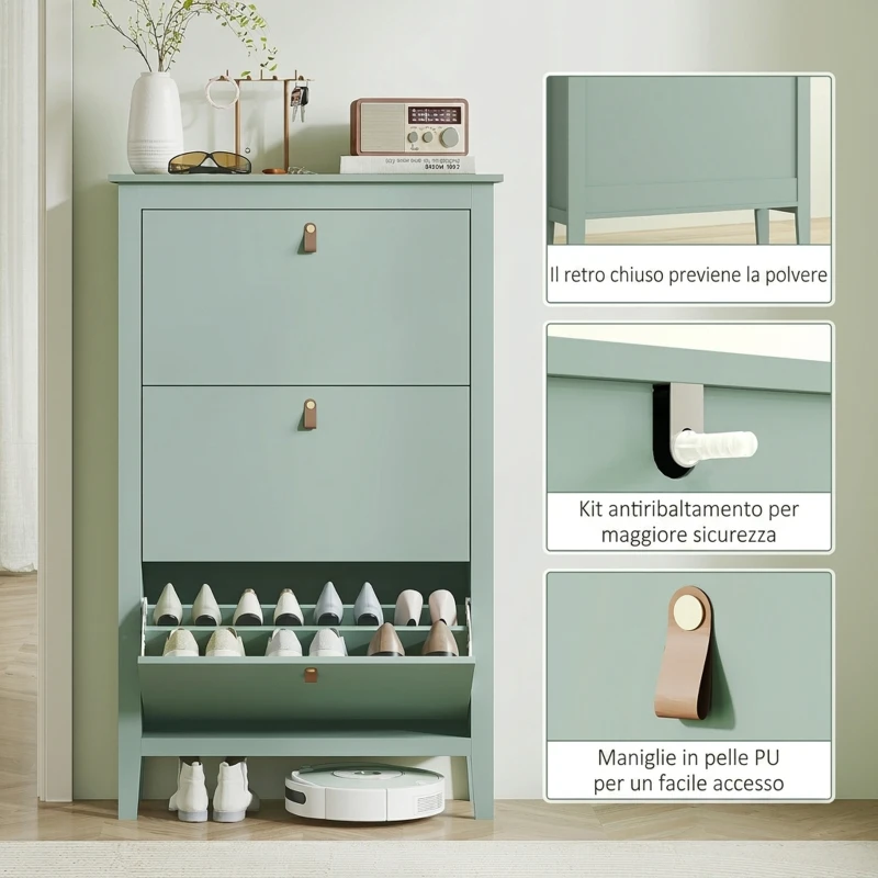 HOMCOM Scarpiera Slim 3 Cassetti per 21 Paia di Scarpe Taglia EU44 e Ripiani Regolabili, 80x24x131cm, Verde