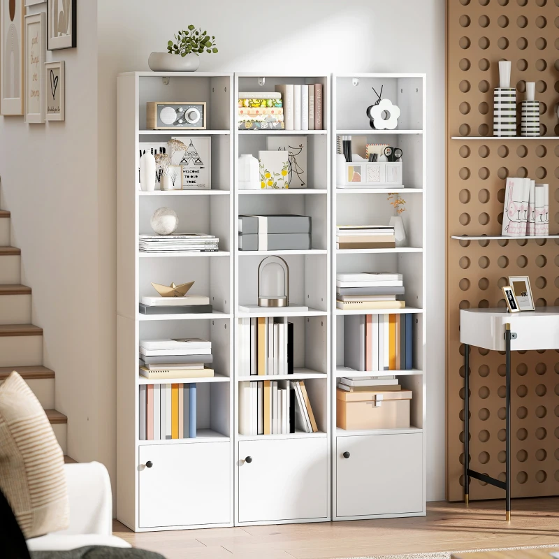 HOMCOM Librería de 7 Niveles Estantería para Libros Moderna con Estantes Abiertos y Puerta 40x30x180 cm Blanco