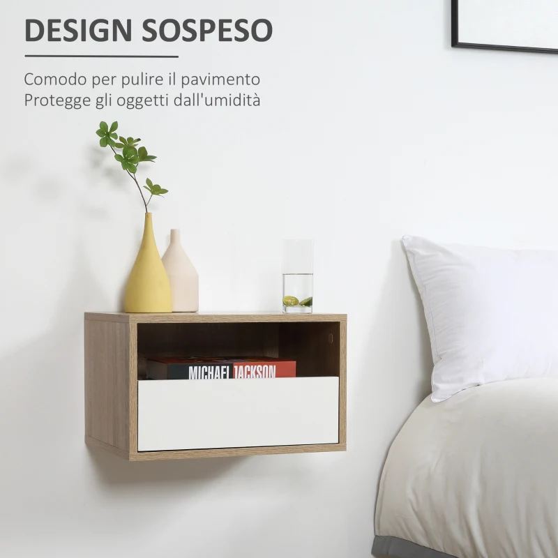 HOMCOM Set 2 Comodini Sospesi con Cassetto e Ripiano 45x35x27.5cm - Bianco e Color Legno