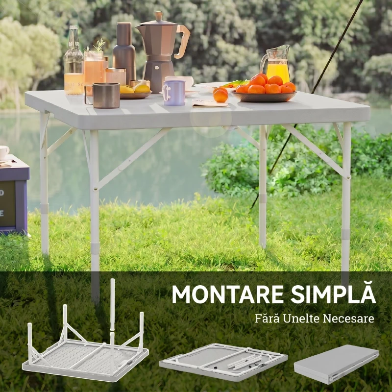Outsunny Masă de Camping Pliabilă cu 2 Înălțimi Reglabile, 86x86x74 cm, Alb