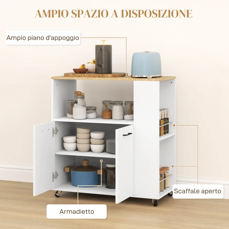 HOMCOM Carrello Cucina in Legno con Ripiano Aperto, Armadietto e Scaffale Laterale, 75x40x80.5 cm, color Rovere e Bianco