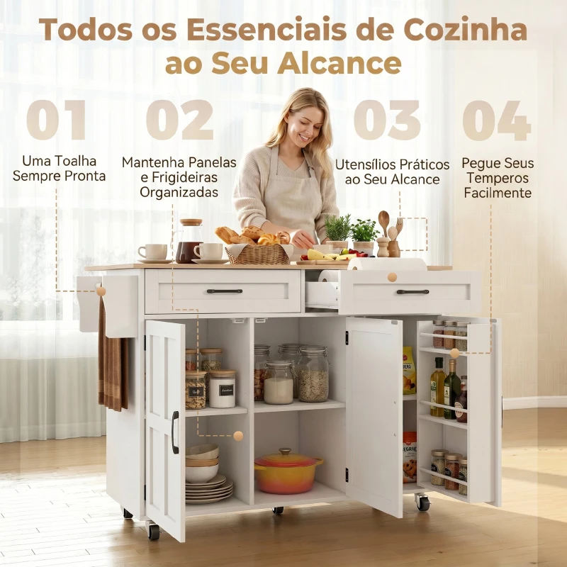 Ilha de Cozinha com Rodas HOMCOM e Tampo Extensível, 2 Gavetas, 3 Armários, Compartimentos na Porta e Toalheiro, Branco
