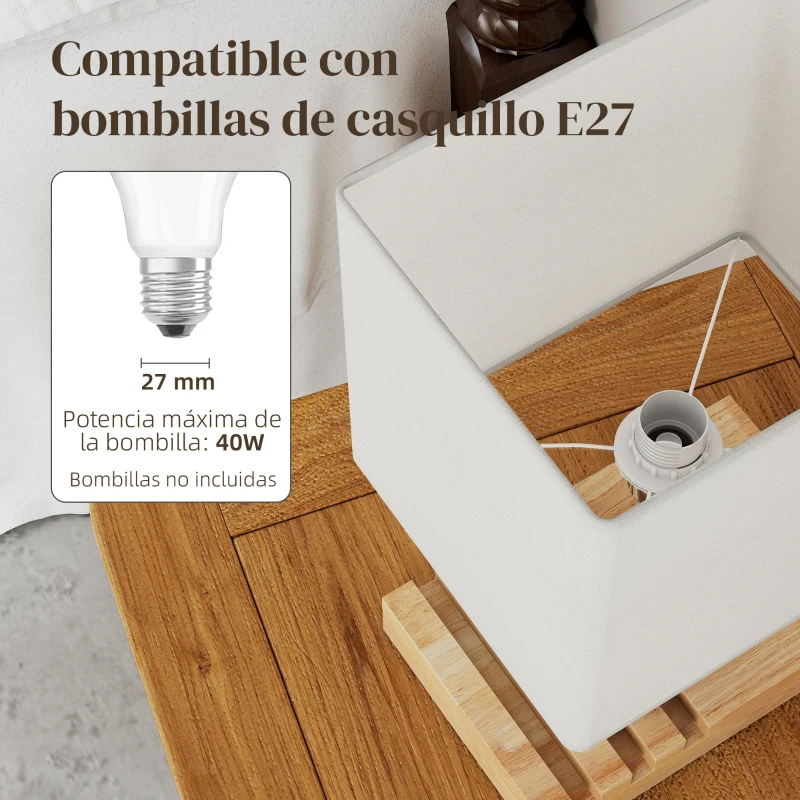 HOMCOM Lámpara de Mesa con Puertos USB-A/C Tres Ranuras para Teléfonos Base de Madera y Pantalla de Tela Blanco