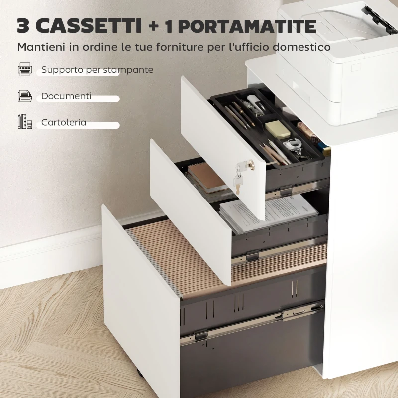 Vinsetto Cassettiera da Ufficio 3 Cassetti in Acciaio con Serratura e Rotelle, 39x48x59cm, Bianco