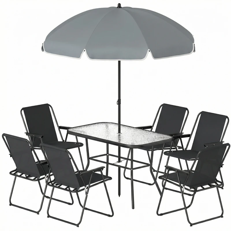 Outsunny Set Grădină 8 piese cu Umbrelă, 6 Scaune Pliabile și Masă din Sticlă Temperată, Negru