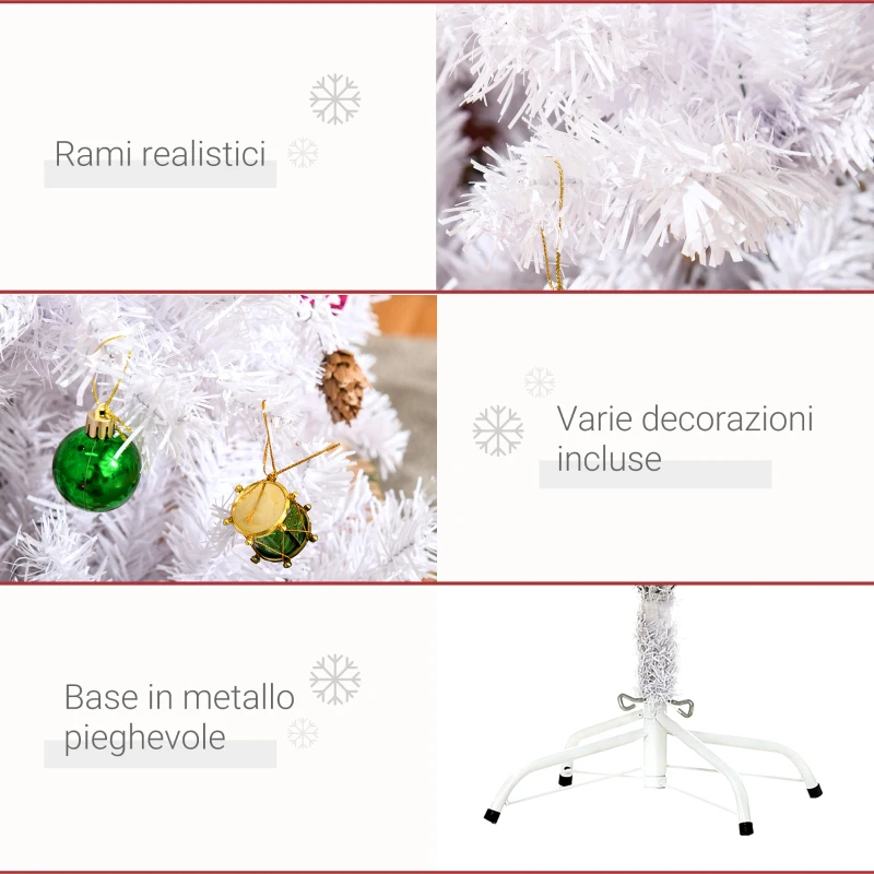 HOMCOM Albero di Natale Bianco 150cm con Addobbi e 680 Rami, Albero di Natale Innevato Artificiale in PVC