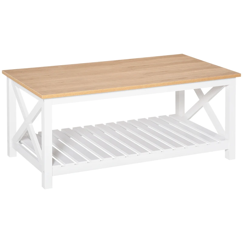HOMCOM Beistelltisch Couchtisch Kaffeetisch stabiler Teetisch Wohnzimmertisch Bauernhausstil MDF Natur+Weiß 116 x 60 x 48 cm