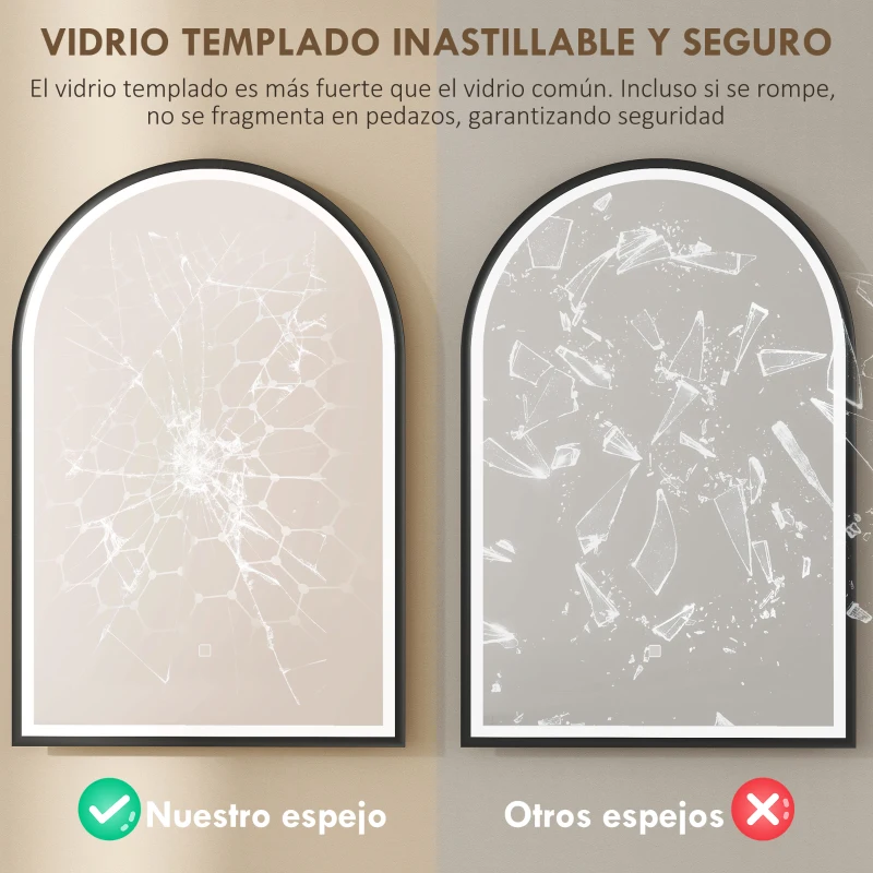 HOMCOM Espejo de Baño con Luz 60x90 cm Espejo de Pared Arqueado 3 Colores de Luz Brillo Regulable Función Antivaho Negro