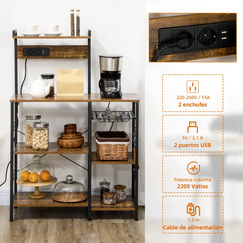 HOMCOM Estantería de Cocina para Microondas con Toma de Corriente Cargador USB 5 Ganchos 90x42x130 cm Marrón Rústico