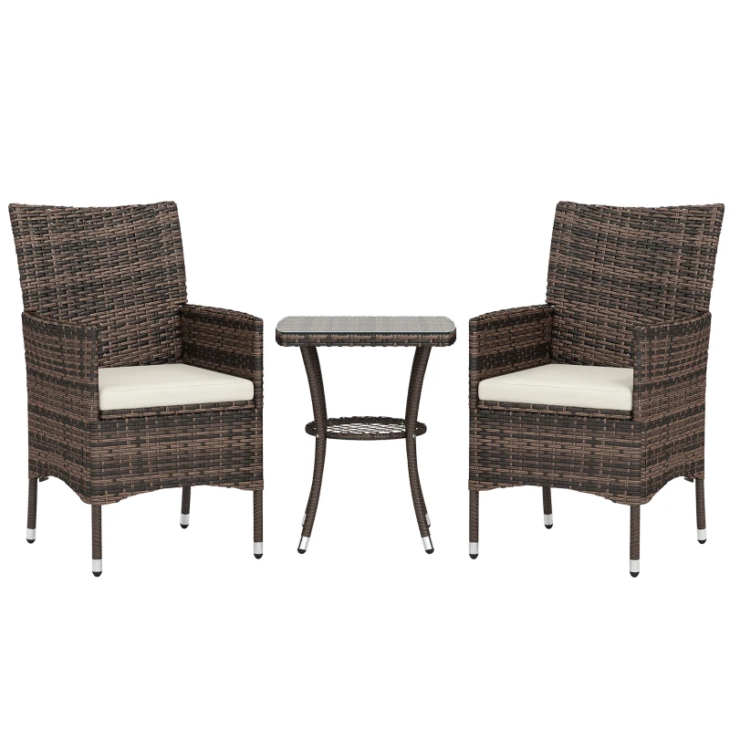 Outsunny Ensemble Salon de Jardin 2 Places : 2 fauteuils et Table Basse Plateau Verre trempé résine tressée Imitation rotin Chocolat foncé Coussins Blanc
