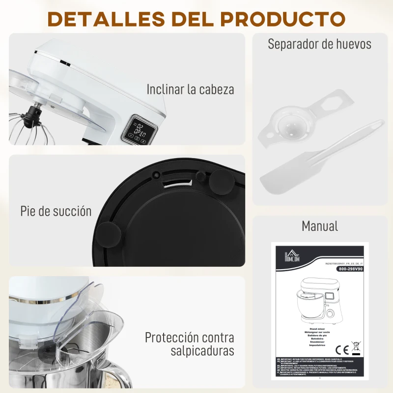 HOMCOM Batidora Amasadora 6L 1400W con Cabezal Inclinable 6 Velocidades Función de Fermentación Pantalla LED Blanco