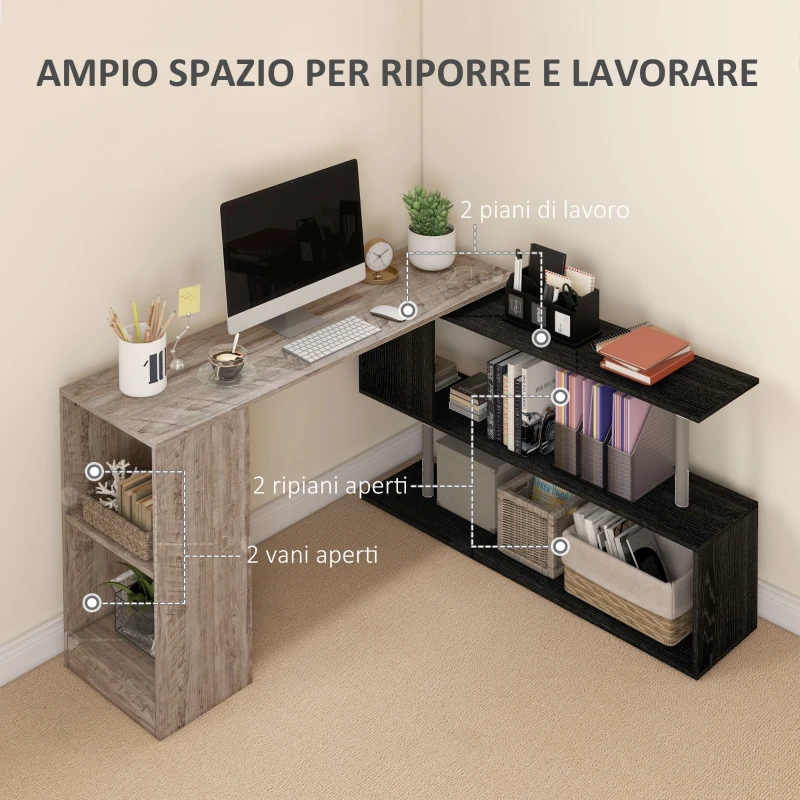 HOMCOM Scrivania Angolare Salvaspazio con Ripiano a S, in Legno, 140x120x78 cm, Grigio effetto Legno