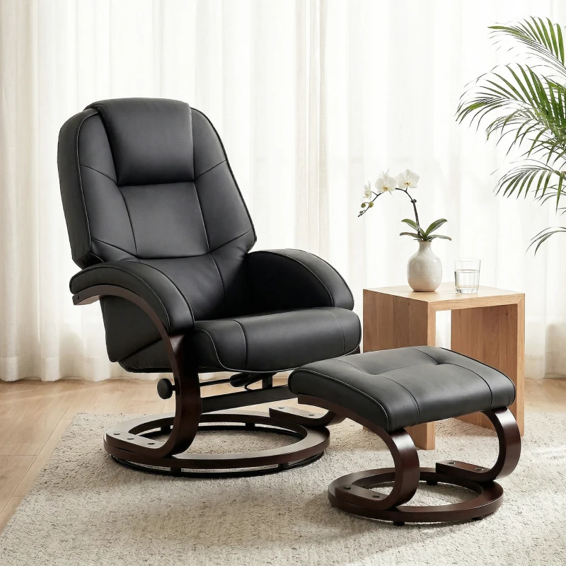 HOMCOM Swivel Recliner Chair with Footstool, PU Leather Recliner Armchair with Adjustable Back and Wood Frame, Black