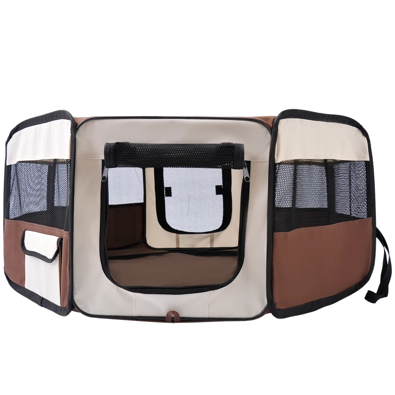 PawHut 600D Oxford Soft Fabric Kennel, Portable Lightweight Cat Dog Playpen, Foldable Pet Puppy Rabbit Guinea Pig Pen Run Dia 90 x 41H cm Indoor & Outdoor Brown