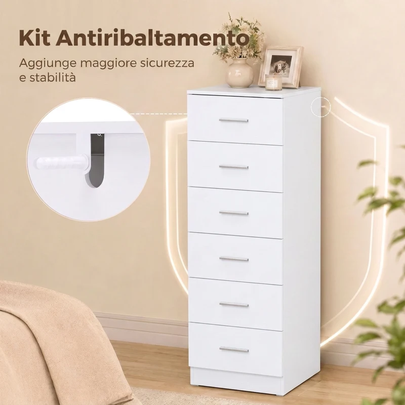 HOMCOM Cassettiera Alta a 6 Cassetti con Sistema Antiribaltamento, 40x40x110 cm, Bianco
